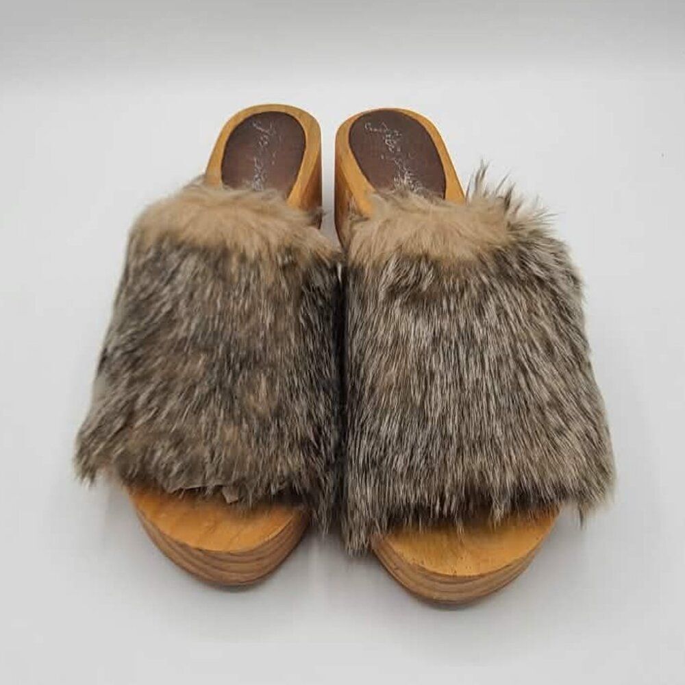 Free People Faux Fur Slide Mules in Brown and Tan
